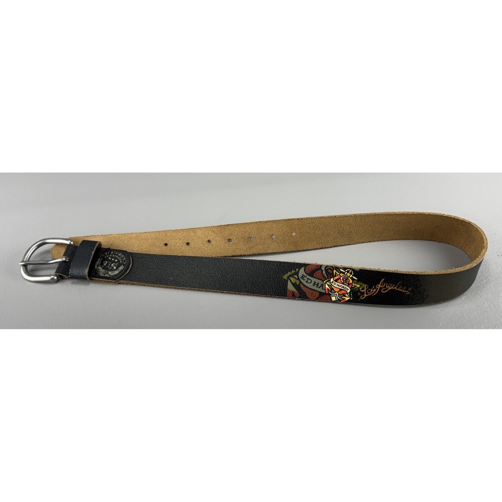 Ed Hardy Y2K Style Tattoo Printed Handmade Leather Belt Womens M 39.5 In EH3346